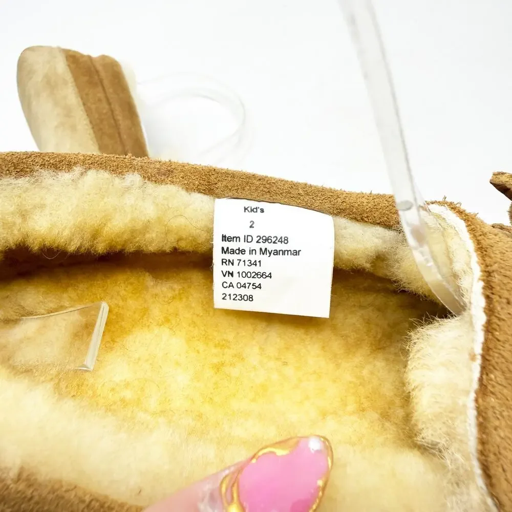 LL Bean Tan Suede Shearling Moccasin Slippers Kids Size 2 EUC Tie Bow Detail